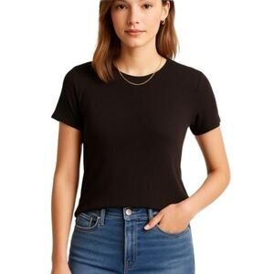 Halogen Ribbed Black Short Sleeve Top – Soft‎ Stretch Rayon Blend Tee Size XL
